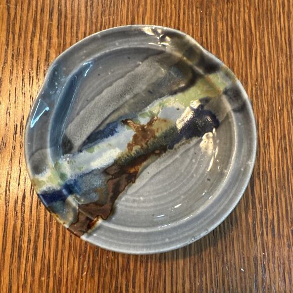 Studio Art Pottery Spoon Rest Bowl Dish Blue Gray Ocean Abstract Glazed Earthy - Picture 2 of 16